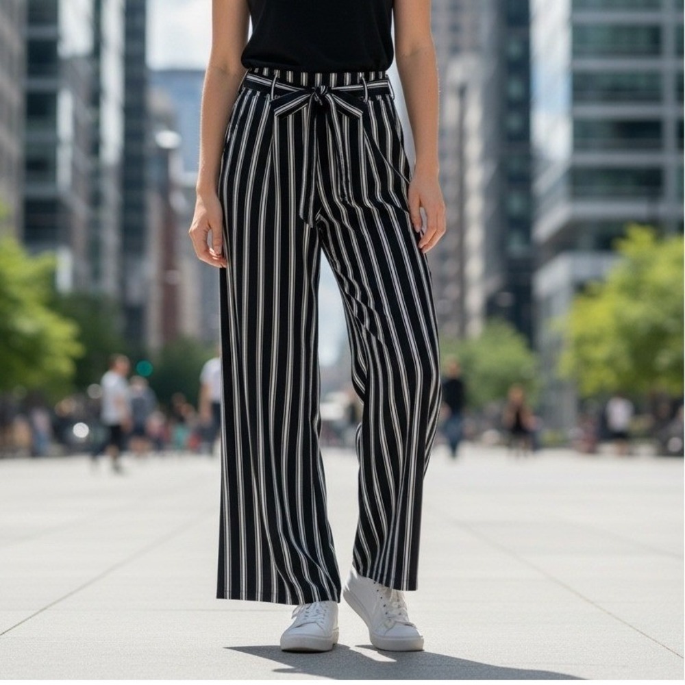 Kaleidoscope Striped High Rise Wide Leg Pants Women S/M Black White Coastal Chic